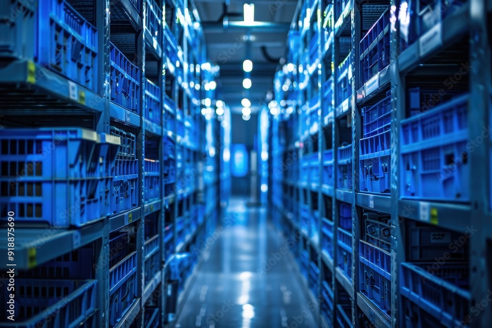 Automated warehouse with blue crates Automated warehouse with blue crates