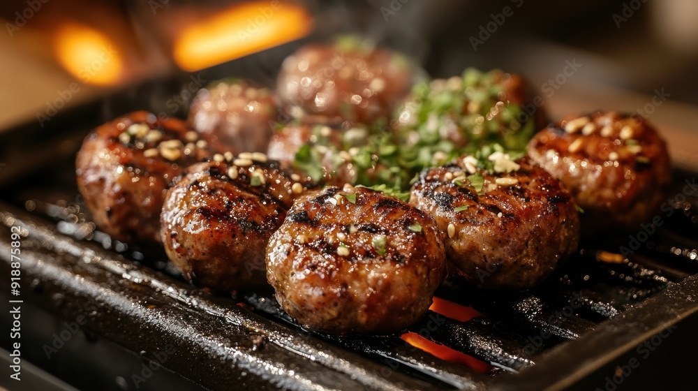 Delicious Grilled Meatballs with Fresh Herbs on a Plate - Juicy, perfectly grilled meatballs garnished with fresh herbs, served on a rustic plate. Ideal for food photography or menu design. Delicious Grilled Meatballs with Fresh Herbs on a Plate - Juicy, perfectly grilled meatballs garnished with fresh herbs, served on a rustic plate. Ideal for food photography or menu design.