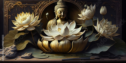 Luxurious Buddha 3D Mural – Elegant Design Perfect for Spas and High-End Hotels, Featuring a Detailed Buddha Sculpture in a Serene, Opulent Setting
