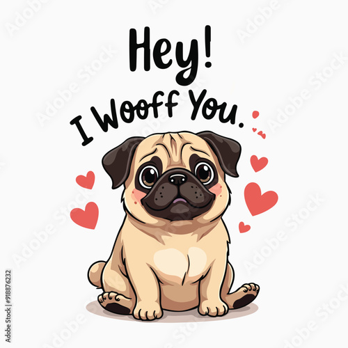 Cute Pug Dog Vector Illustration Typography Saying Hey I Woof You, T-shirt design Pug Lovers Posters