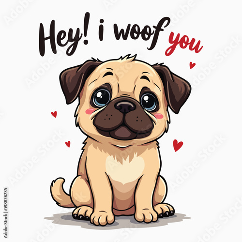 Cute Pug Dog Vector Illustration Typography Saying Hey I Woof You, T-shirt design Pug Lovers Posters