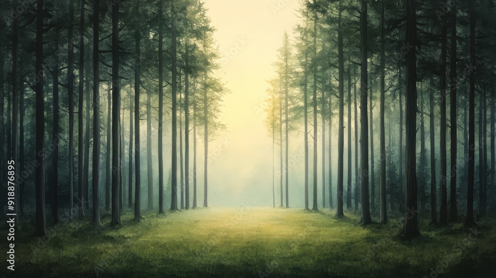 Naklejka premium Misty Forest Clearing with Tall Pine Trees