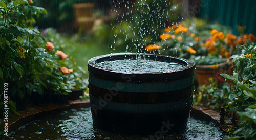 A Rain Barrel Placed in the Garden During Heavy Rain, Showcasing Eco-Friendly Water Collection in a Natural Setting