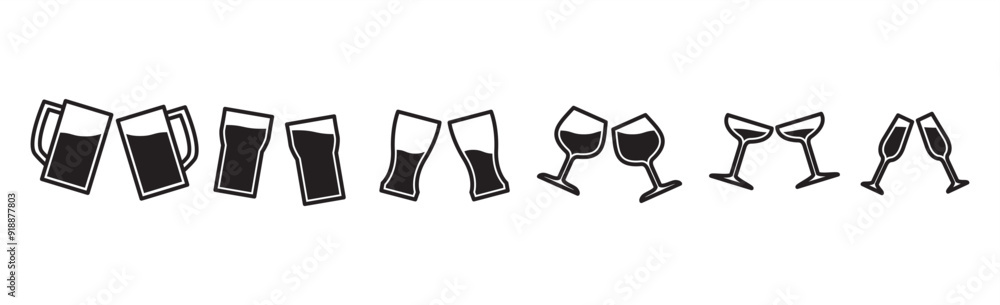 Icon set of Two glasses in a toast, Drink toast, Toast with wine glasses. Clinking glasses icon. Several champagne icons, Vector illustration isolated on transparent background. Eps10 Icon set of Two glasses in a toast, Drink toast, Toast with wine glasses. Clinking glasses icon. Several champagne icons, Vector illustration isolated on transparent background. Eps10