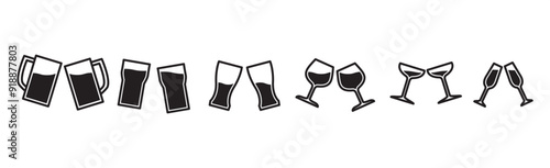 Icon set of Two glasses in a toast, Drink toast, Toast with wine glasses. Clinking glasses icon. Several champagne icons, Vector illustration isolated on transparent background. Eps10 
