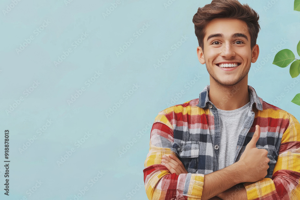Happy smiling cartoon character man showing pointing finger standing confident on white background. Successful people male person concept Happy smiling cartoon character man showing pointing finger standing confident on white background. Successful people male person concept