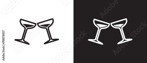 Cheers icon, Wine glass icon, Two glasses toast icon, Drink toast, Cheers with wine glass. Clinking glasses icon. Vector illustration isolated on black and white background. Eps10