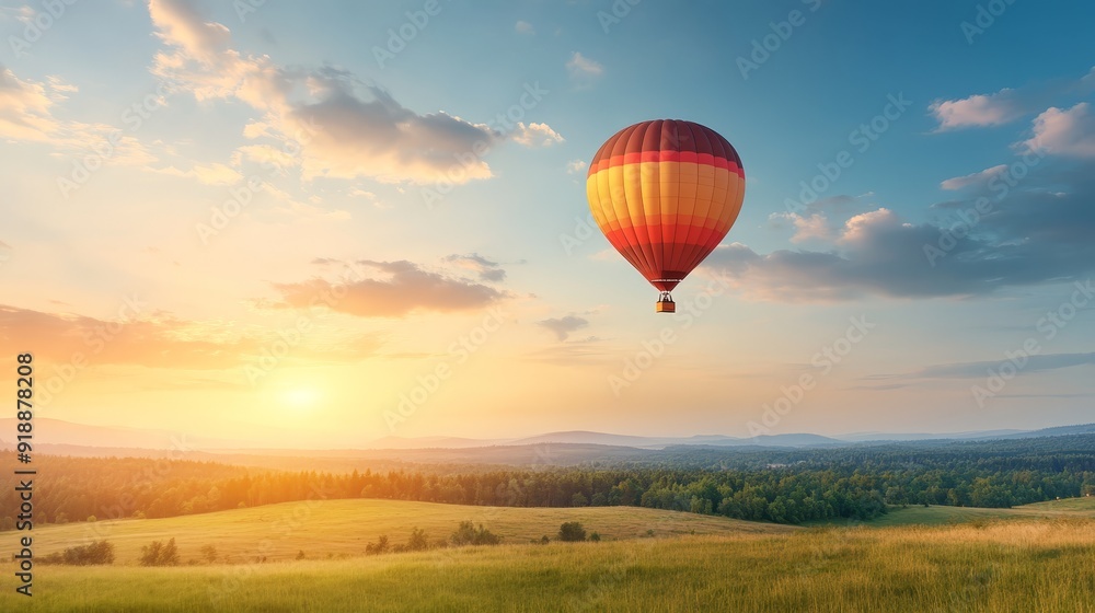 Obraz premium Hot Air Balloon Over Scenic Sunset Landscape
