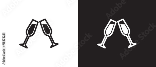 Champagne icon, Two glasses toast icon, Drink toast, Toast with wine glasses. Clinking glasses icon. Vector illustration isolated on black and white background. Eps10