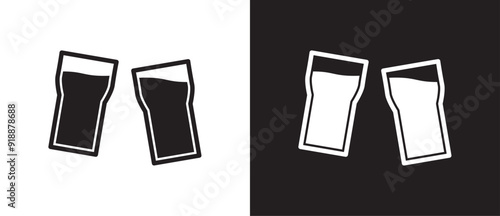 Beer glass icon, Cheering icon, Two glasses toast icon, Drink toast, Cheering with beer glasses. Clinking glasses icon. Vector illustration isolated on black and white background. Eps10