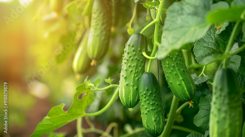 Close up of a green rough cucumber bunch growing on a vine tree in the vegetable garden.