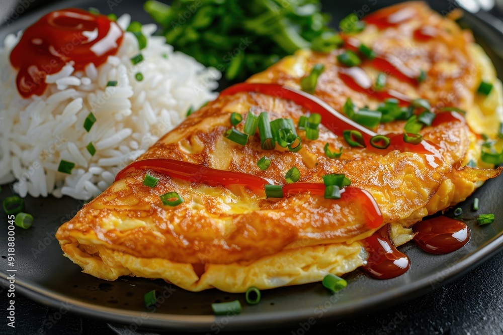 Close up of omurice a Japanese omelet with rice and ketchup on a plate Close up of omurice a Japanese omelet with rice and ketchup on a plate