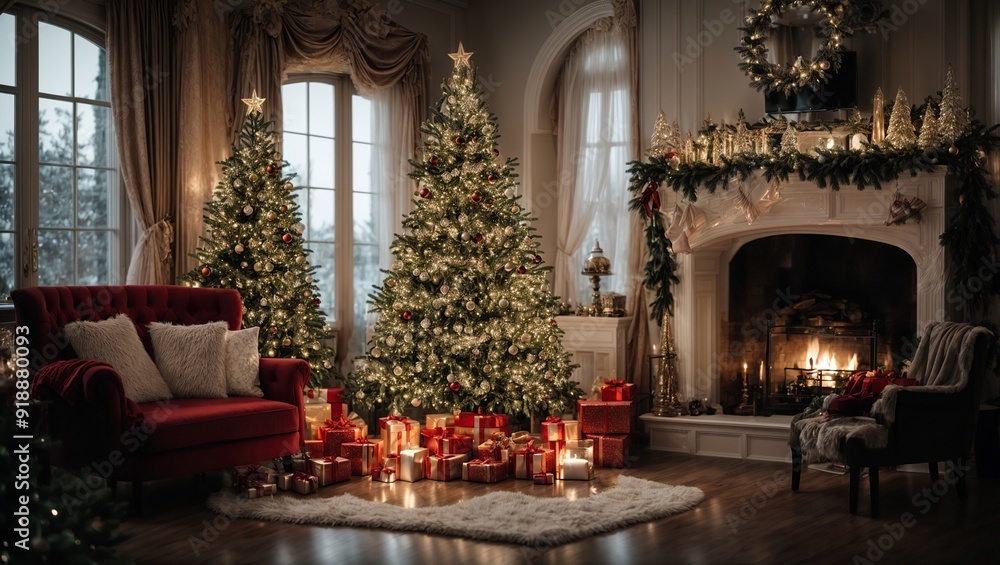 Christmas, New Year interior with magic glowing tree, fireplace Christmas, New Year interior with magic glowing tree, fireplace