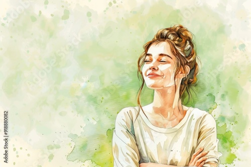 A watercolor illustration of a woman standing with her arms crossed, in a calm and confident pose