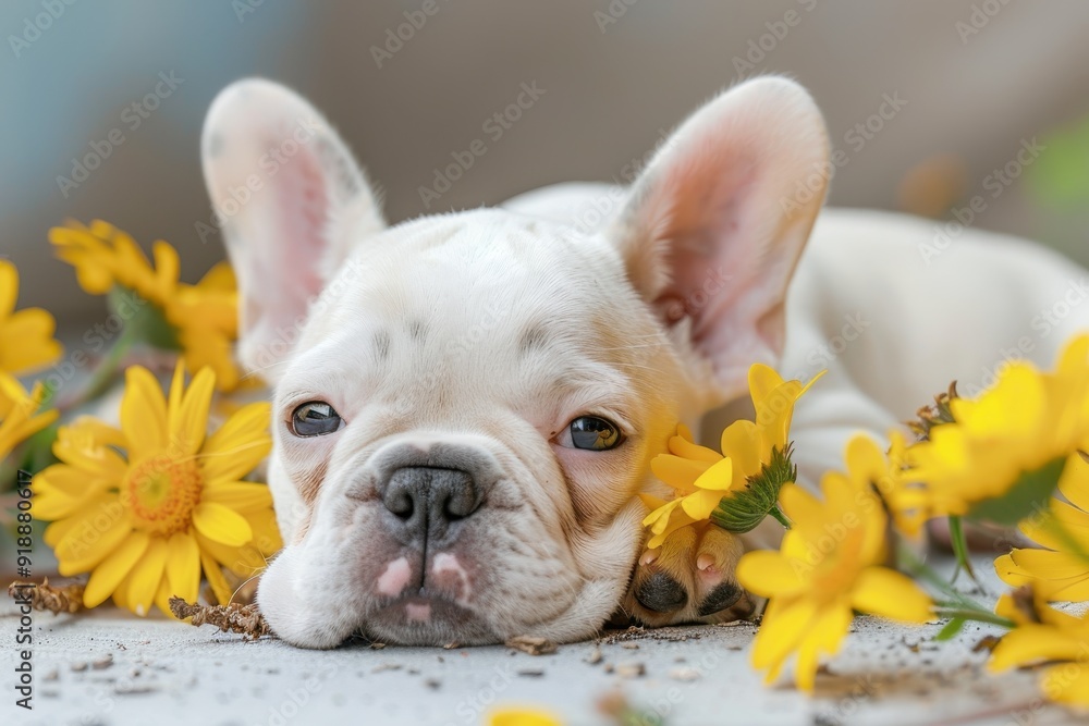 Fototapeta premium Close up shot of a white French bulldog puppy with yellow cosmos flowers at burial funeral