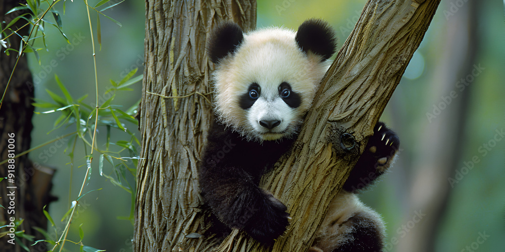 Fototapeta premium Cute panda hanging on a tree 