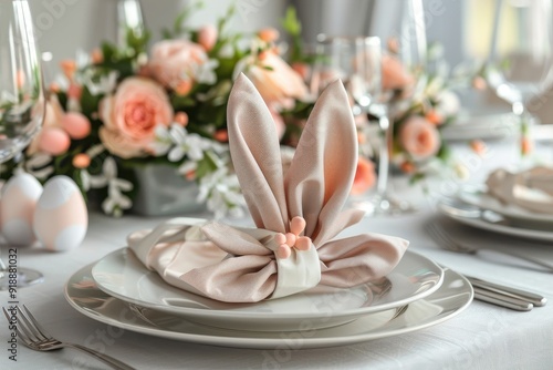 Closeup of bunny ear napkin ring on festive Easter table