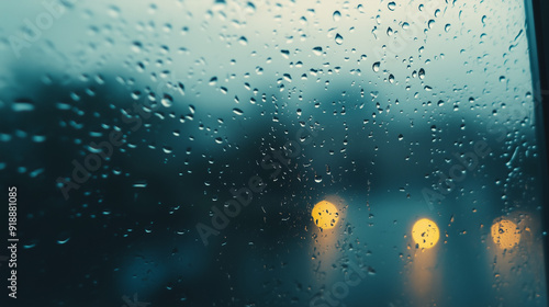 Raindrops on Window with Blurred City Lights Background