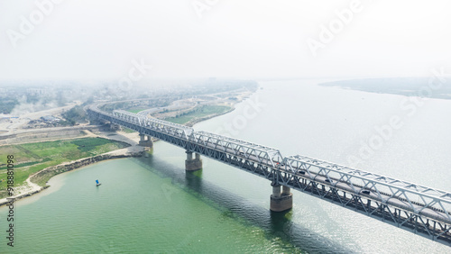  Aerial view of digha sonpur bridge or J. P. Setu is a rail-cum-road steel truss bridge across river ganga, connecting digha ghat in patna and pahleja ghat in sonpur at bihar India.
