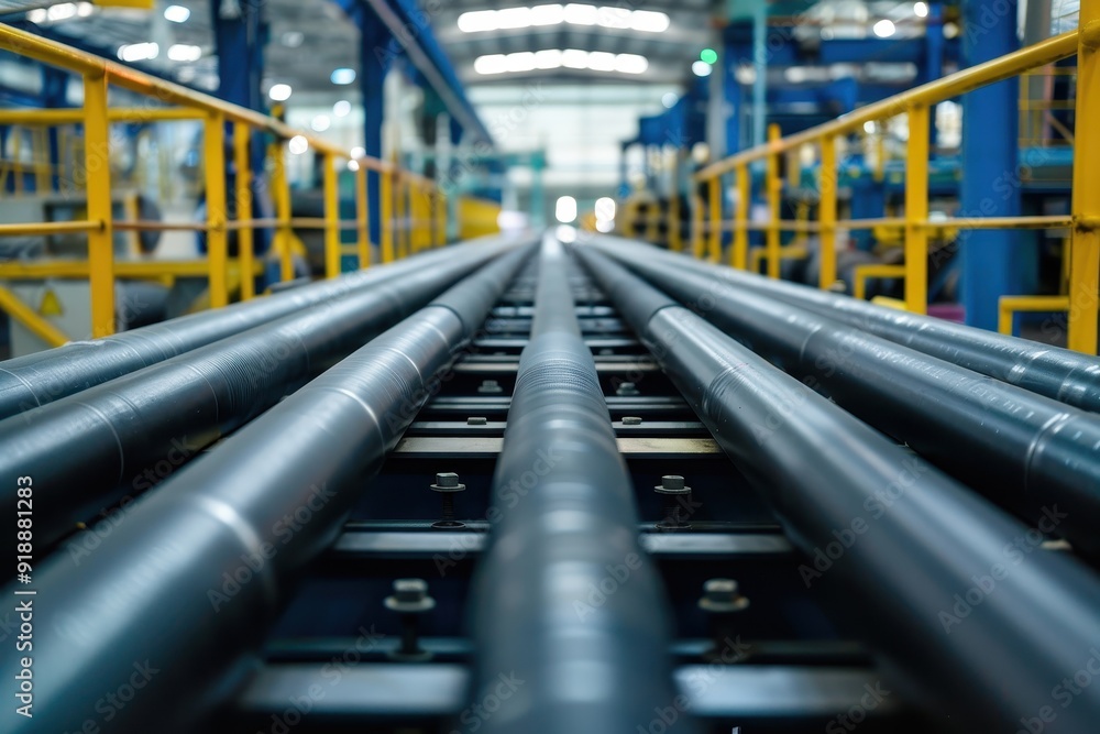 Fototapeta premium Coated pipes moving on conveyor at pipe factory