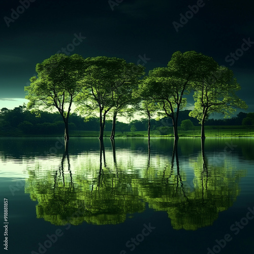 Misty Lake with Tree Reflection in the Morning
