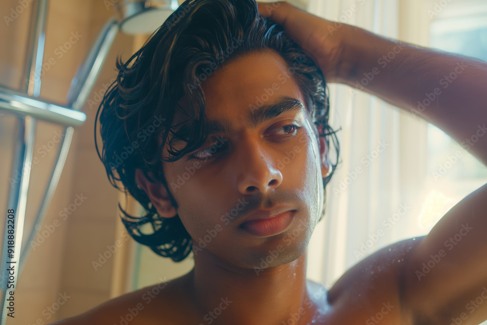 Naklejka premium Thoughtful Young Man with Wet Hair in Shower