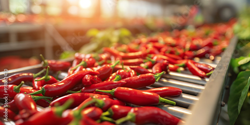 Fresh Red Chili Peppers on Conveyor Belt in Modern Factory Production Line