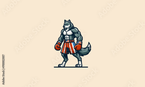 character wolf wearing boxing gloves and shorts emblazoned with the American flag vector mascot design