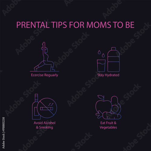Essential Prenatal Care for Moms: Fitness, Hydration, Safety, and Nutrition with editable stroke.