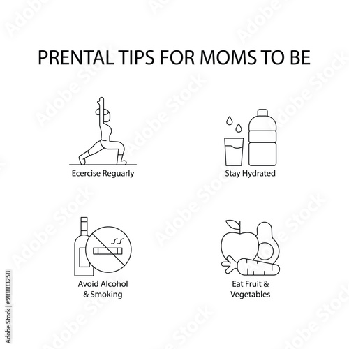 Healthy Pregnancy Tips for Moms: Exercise, Hydrate, Avoid Risks, Eat Well with editable stroke.