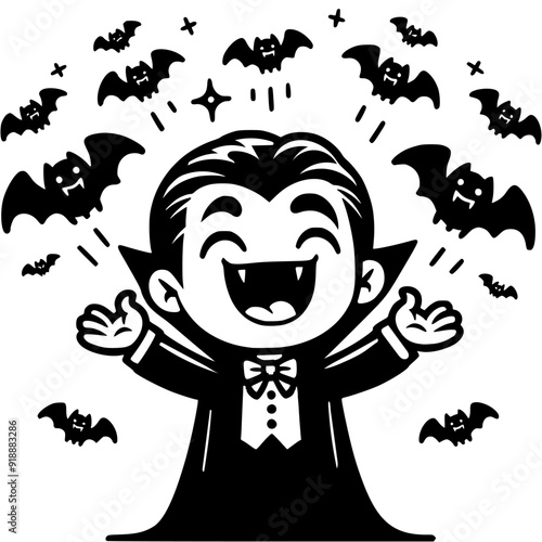 Little boy dressed in Halloween vampire costume laughing and raising his hands towards flock of flying bats in monochrome. Simple minimalistic vector in black ink drawing on transparent background