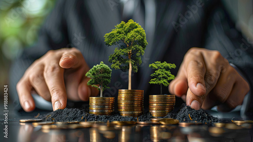 businessman show economic plan with coin and plant, business growth and strategy concept. Businessman holding gold 