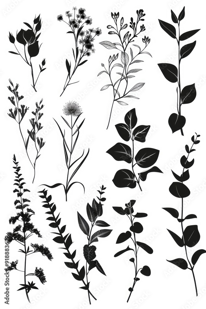 A bouquet of monochrome flowers and foliage arranged in a decorative vase A bouquet of monochrome flowers and foliage arranged in a decorative vase