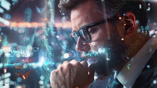 Wallpaper Mural A man in a suit is looking at a computer screen with a lot of numbers and symbols. He is deep in thought, possibly trying to solve a problem or make a decision. Concept of focus and concentration Torontodigital.ca