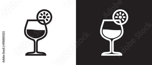 Wine glass with fruit decoration, Drink glass icon. Glass cup icon for drinks in flat style.Red wine, balloon wine glass,  Vector illustration isolated on black and white background. Eps10