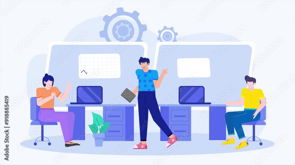people in office with laptop on desk illustration animated video people in office with laptop on desk illustration animated video