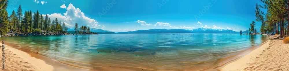 Lake Tahoe Panorama with a Clear Blue Sky and Sandy Beach Lake Tahoe Panorama with a Clear Blue Sky and Sandy Beach