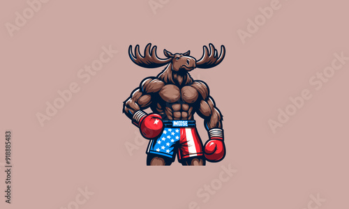 character moose wearing boxing gloves and shorts emblazoned with the American flag vector mascot design