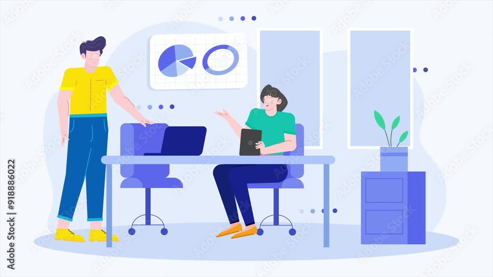 Teamwork working using laptop at office illustration business animated video Teamwork working using laptop at office illustration business animated video