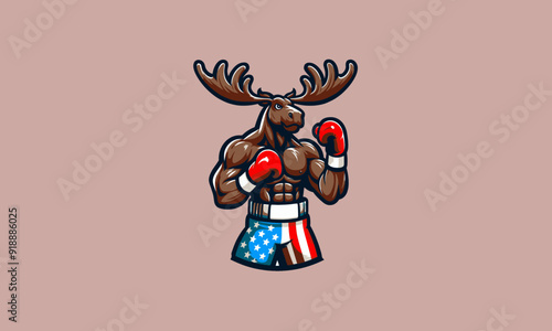 character moose wearing boxing gloves and shorts emblazoned with the American flag vector mascot design