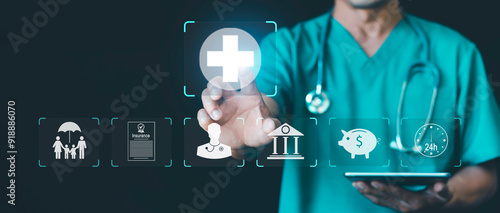 Fotografi Insurance online Concept, doctor touching icon digital healthcare, medical techn