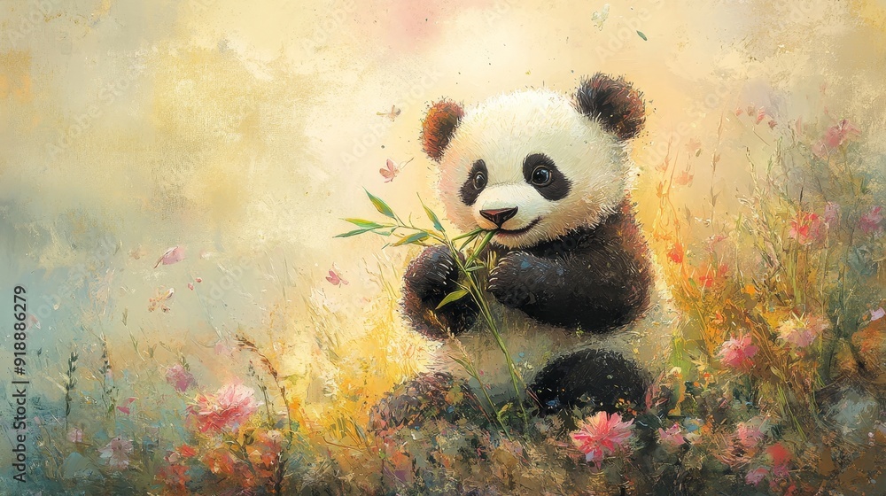 Cute panda savoring bamboo in a delightful watercolor oil painting ...