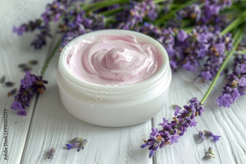 Lavender facial cream with flowers on white wood