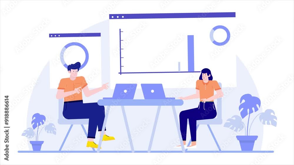 people sit down with laptop on desk illustration animated video people sit down with laptop on desk illustration animated video