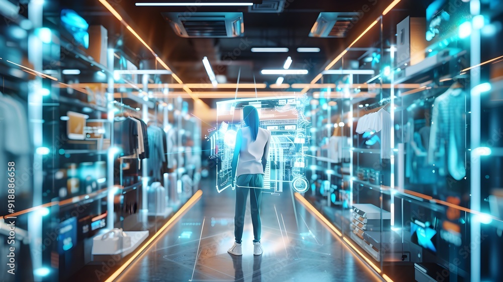 Woman Using Futuristic Technology for Online Shopping. Woman Using Futuristic Technology for Online Shopping.