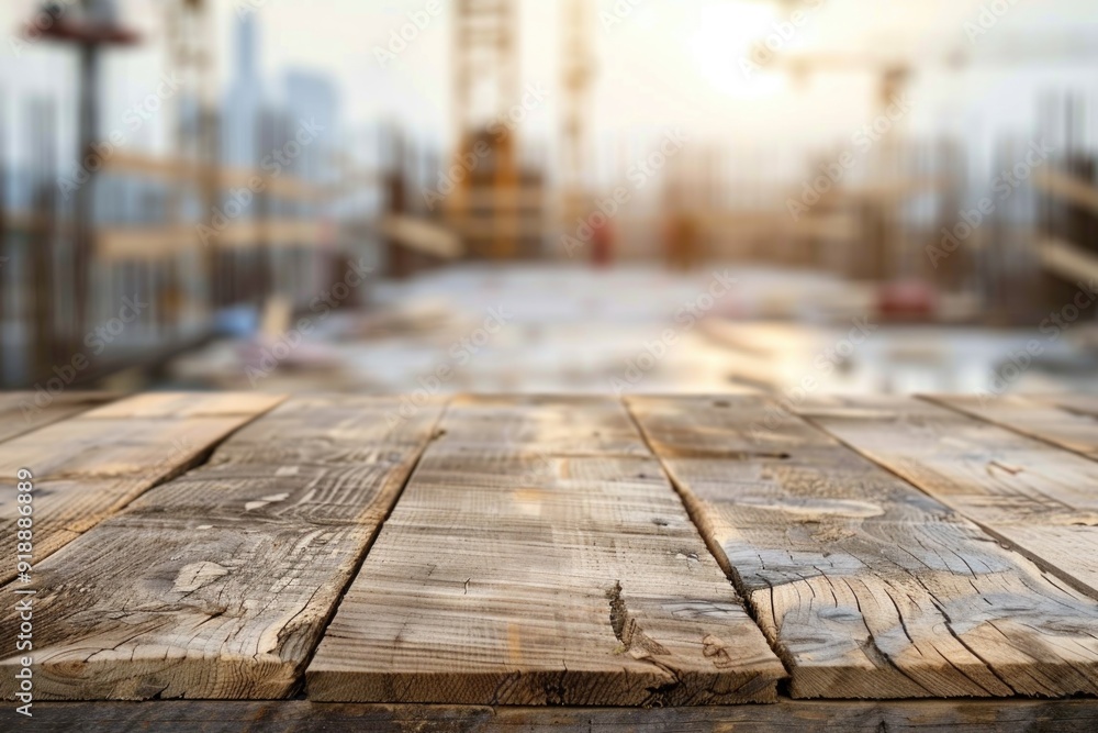A wooden table on a busy construction site with tools and equipment A wooden table on a busy construction site with tools and equipment