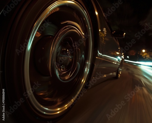 Long exposure blurs car front wheel on road curve at night