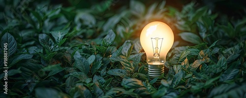 A glowing lightbulb nestled among dense green foliage, representing the use of sustainable energy to reduce carbon footprint and support a greener future