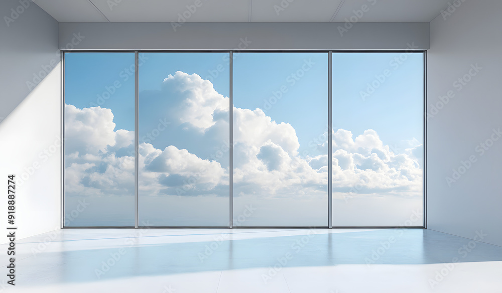White Empty Room with Large Window Showing Blue Sky and Green Landscape, Creating a Minimalist and Peaceful Space White Empty Room with Large Window Showing Blue Sky and Green Landscape, Creating a Minimalist and Peaceful Space