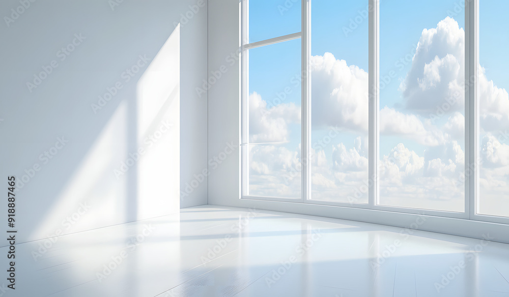 White Empty Room with Large Window Showing Blue Sky and Green Landscape, Creating a Minimalist and Peaceful Space White Empty Room with Large Window Showing Blue Sky and Green Landscape, Creating a Minimalist and Peaceful Space